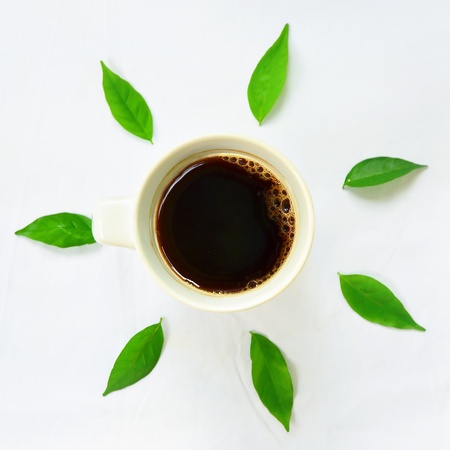 Hot coffee with green leaf.の写真素材
