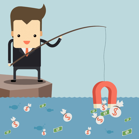 Businessman fishing money by red magnetのイラスト素材