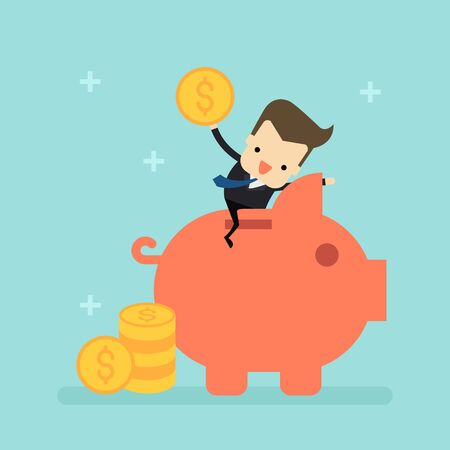 businessman save money with piggy bank vectorのイラスト素材