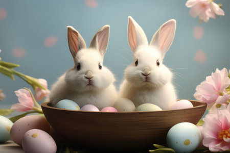 Easter bunny and easter eggs in a red nest with white flowers, AI Generatedの素材