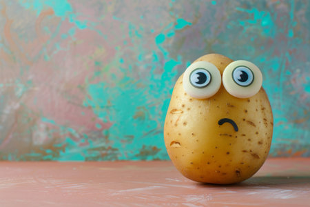 Sad potato with glued googly eyes, colorful background, April Fools Day,  AI Generatedの素材