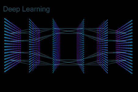 The model of deep learning neural network. Six layers model. Neon dots on black backgroundのイラスト素材