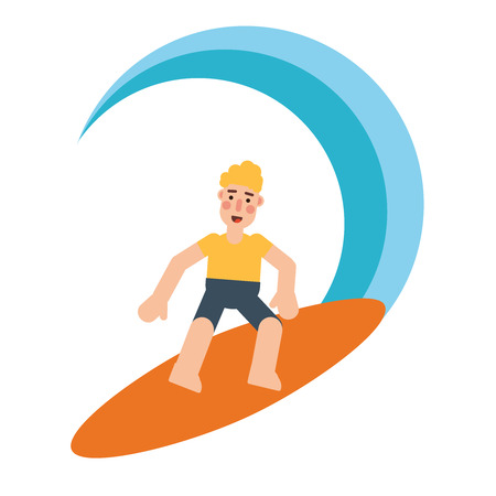 Blond man surfing on waves. Bright warm colors illustration. Summer holiday concept. Orange surfboardのイラスト素材
