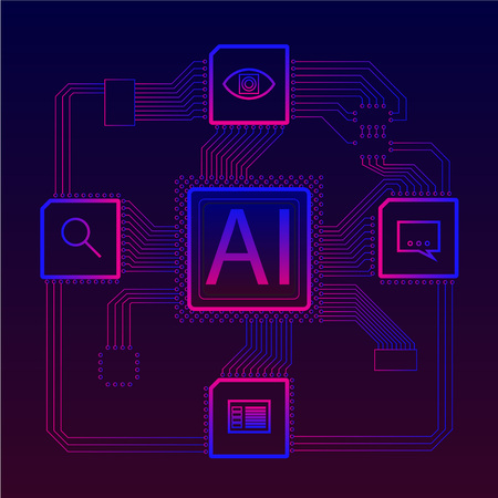 Neural network on circuit. Artificial intelligence services: image and voice recognition, text analysis, search engineのイラスト素材