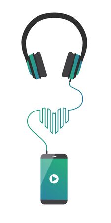 Music player on the smartphone plays favorite music songs. Phone connected to the earphones and cord forms heart. Applicable for banners and for music festival advertisementのイラスト素材
