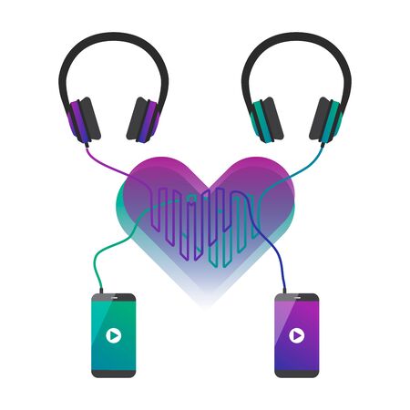 Design concept that demonstrate same music taste by couple in love. Two phones playing music and connected to headphones. Cord forms heart. Applicable for phones or headphones advertisement on bannersのイラスト素材