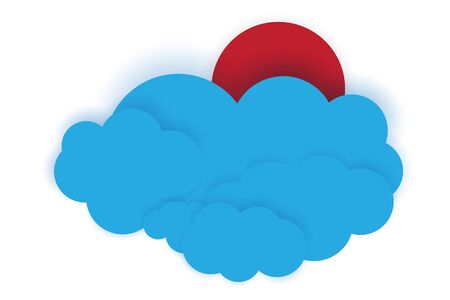 Red sun and blue clouds. Birds are flying in front of clouds. Paper cut style vector illustration. Applicable for weather report illustrationのイラスト素材