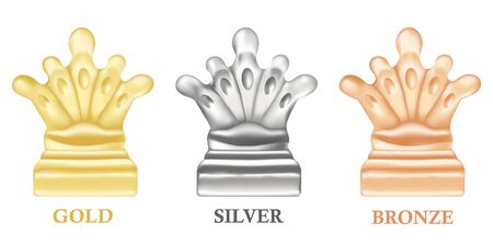Three prizes or awards - golden, silver and bronze like crowns. Can be used for game design, championship or cup illustration. Realistic vector illustrationのイラスト素材