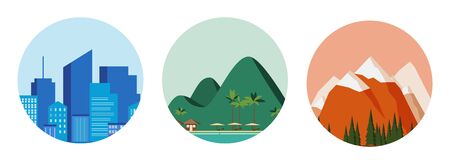 Travel concept - blue city, green beach and red mountains. Applicable as background or icons for travel design. Three detailed icons. Vector illustration.のイラスト素材