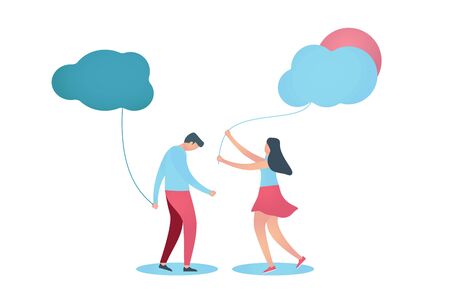 Sad or unhappy man holding dark cloud. Young woman gives him light cloud, demonstrate care, love and support. Vector illustrationのイラスト素材