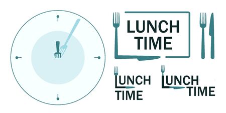 Set of signboards with lunch time text. Clock with fork as clock hand. Fork and knife as part of text. Vector illustration.のイラスト素材