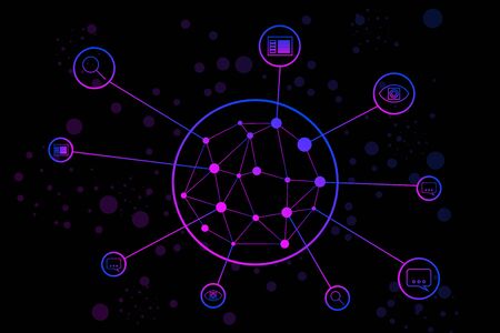 AI design concept or background. Artificial neural network connected to business services. Artificial intelligence tools for business. Vector illustration.のイラスト素材
