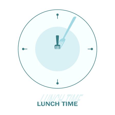 Clock with fork as clock hand. Business lunch design concept. Fork and knife as part of text. Vector illustration.のイラスト素材