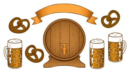 Set of beer theme objects - beer, pretzel, banner, barrel in vintage style. Applicable as parts for Oktoberfest or pub menu. Outline vector illustrationのイラスト素材