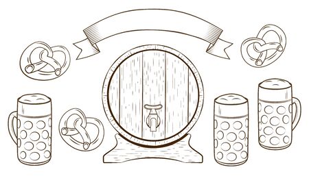 Set of beer theme objects - beer, pretzel, banner, barrel in vintage style. Applicable as parts for Oktoberfest or pub menu. Outline vector illustrationのイラスト素材