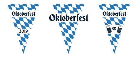 Set of three Oktoberfest pennants with Bavarian flag pattern. Applicable as parts for Oktoberfest or pub menu. Vector illustrationのイラスト素材