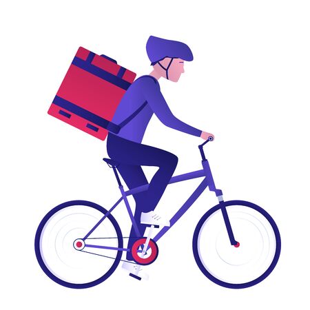 Food bicycle delivery courier. Man carries parcel box on the back. Fast and ecological way to move around the city. Express food delivery service by bike. Isolated vector illustrationのイラスト素材