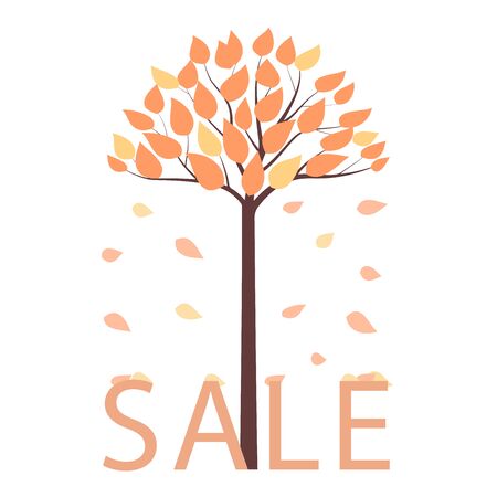 Sale flyer template. The wind blows and rips leaves from the tree. Applicable as poster, flyer, card, label, background, banner. Special seasonal offer. Discount in autumn, fall. Vector illustrationのイラスト素材