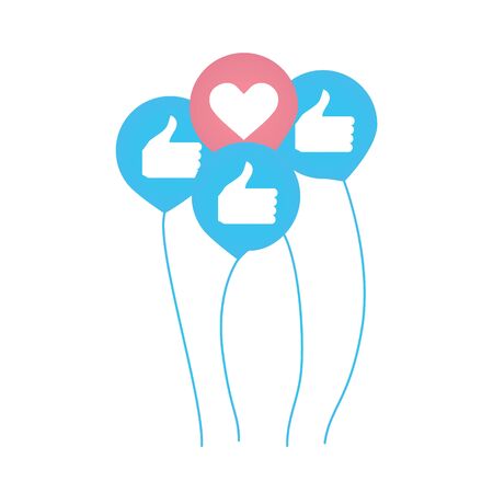 Four like icons with heart and thumbnails as balloons. Social network or social media concept. Likes gathered together in bunch. Vector illustrationのイラスト素材