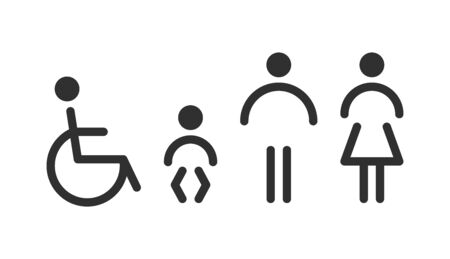 Set of toilet icons - disabled, infant, men, women. Male, female gender sign. WC, restroom signs and symbols. Vector illustrationのイラスト素材