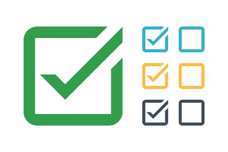 Check mark icon in a box or square. Gradient green colored symbol. Checkmarks in three different colors. Ok or v sign, icon. Flat vector iilustration.のイラスト素材