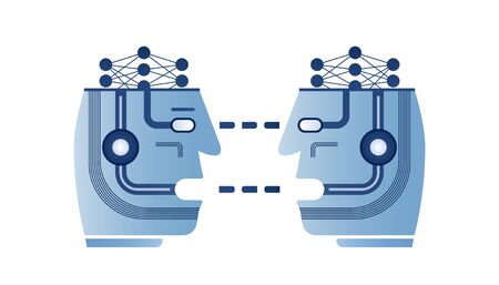 Two robotic heads with artificial neural networks inside looking to each other and getting information. Deep learning, machine learning, ai illustration. New technologies concept. Vector illustrationの写真素材