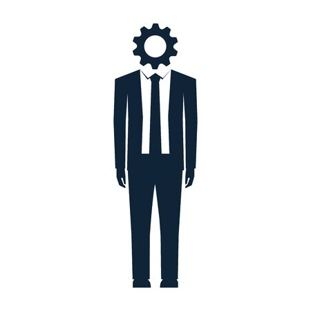 Emotional burnout in the office concept. Businessman, manager with gear instead head. Corporate depressed worker standing alone. Hard worker with cogwheel. Vector illustrationの写真素材
