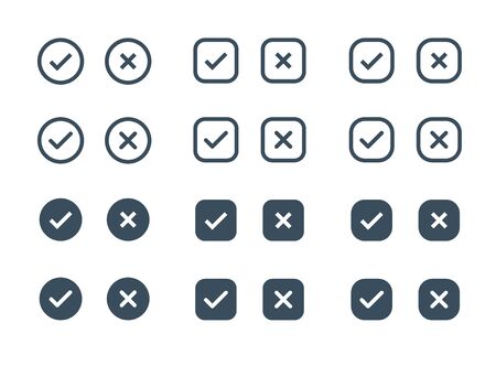 Check mark icons for web. Checkmark X symbols on white isolated background. Check mark signs in green and red colors. Yes no web buttons. Circle, square frames. Vector illustrationの写真素材