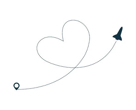 Space shuttle silhouette icon with dotted line path. Spaceship flight with dotted path. Geo tag at the start. Airplane trip concept. Flat vector illustrationのイラスト素材