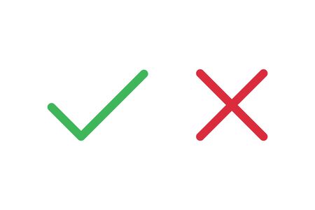 Check mark icons for web. Checkmark X symbols on white isolated background. Check mark signs in green and red colors. Yes no web buttons. Vector illustrationのイラスト素材