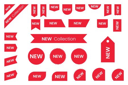 Red badges, labels or stickers collection. New red label. Promo stickers or tags. New collection badges. Vector illustrationのイラスト素材