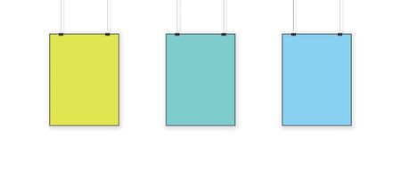 Three posters hanging on ropes and holding by paper clips or binders. Colors are blue and green. Realistic poster mockup, template. Applicable as photo frames for presentation. Vector illustrationのイラスト素材