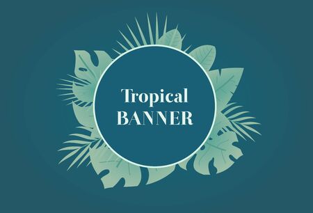 Summer tropical banner with circle frame and tropical leaves around. Floral banner with palm, banana leaves. Greeting card element. Vector illustrationのイラスト素材