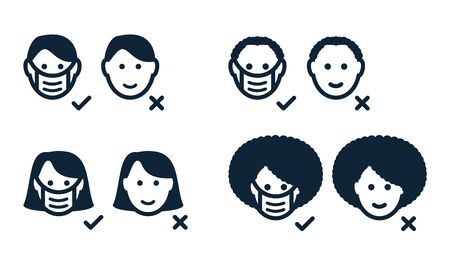 Set of male, female faces, heads with protective medical mask. White, black people. Line icon. Protective mask from coronavirus, covid 19. Quarantine prohibition, rules - personal protection.のイラスト素材