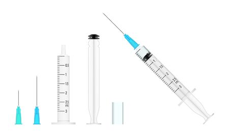 Realistic medical syringe constructor with needles, plunger, barrel and vaccine liquid.のイラスト素材
