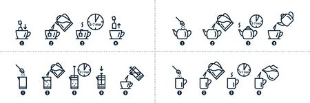 Tea and coffee brewing instruction. Tea, coffee making, brew process icons. Hot drink brew instruction. Cup, mug, kettle, teapot icons. How to make hot drink. Vector illustrationのイラスト素材