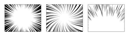 Set of frames for black manga book. Action, speed radial, horizontal, spiral lines. Cartoon comic book backgrounds. Burst, action manga patterns. Radial stripes, lines. Vector illustrationのイラスト素材