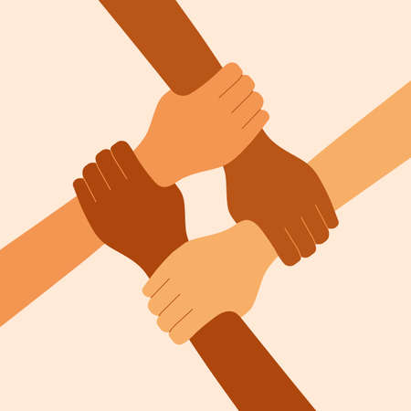 Four diverse hands holding each other. 4 women symbolize women's solidarity, feminism. People...