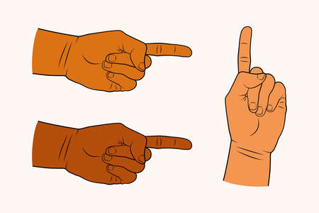 Pointing gesture - hand with finger or forefinger. Applicable as pointer sign, symbol. Retro style illustration. Human hand with hand showing direction. Retro vector illustrationのイラスト素材