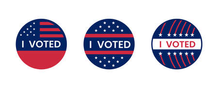 I voted sticker collection. Vote badges on election day. Circle vote sticker or label. US, USA, american election, voting sign. I voted quote. Responsible voting badge or pin. vector illustrationのイラスト素材