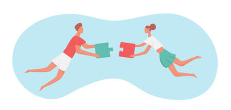 Couple holding puzzles and try to match them.のイラスト素材