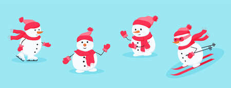 Snowman rejoices, having fun, greets and wavesのイラスト素材