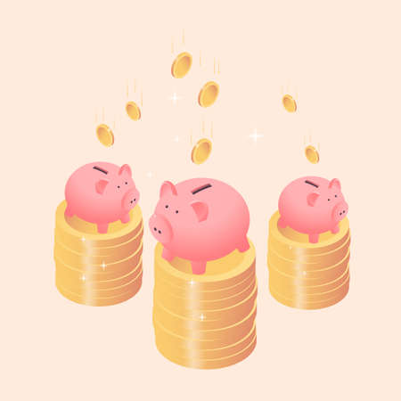 Three piggy banks or money boxes standing on coin stacksのイラスト素材