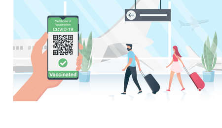 Hand keeping phone. Health passport application. Digital certificate of vaccinationのイラスト素材