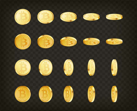 Golden cryptocurrency crypto cash, money set. Rotating gold bitcoin coinsのイラスト素材