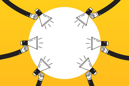 Hands holding megaphones around the banner.のイラスト素材
