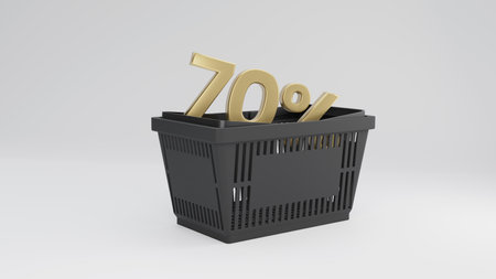 Plastic black shopping basket with gold 70 percent sale inside. Black store basket. 3d rendering.