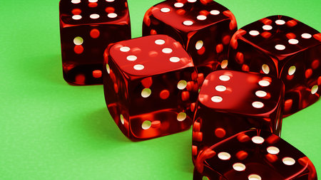 Gambling game banner. Six red dice on the green table. 3d render.
