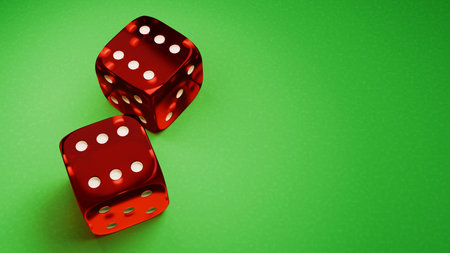 Gambling game banner. Two red dice on the green table. 3d render.の写真素材
