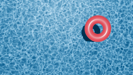 Red swimming ring in the empty clear pool. Fresh clear water. Swimming pool top view. 3d render.